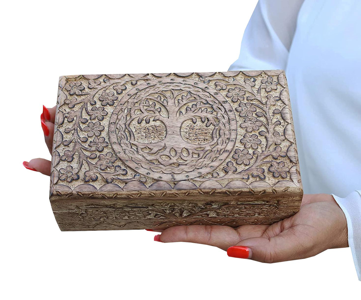 Large Hand Carved Tree of Life Wooden Box Keepsake Storage Multi Utility