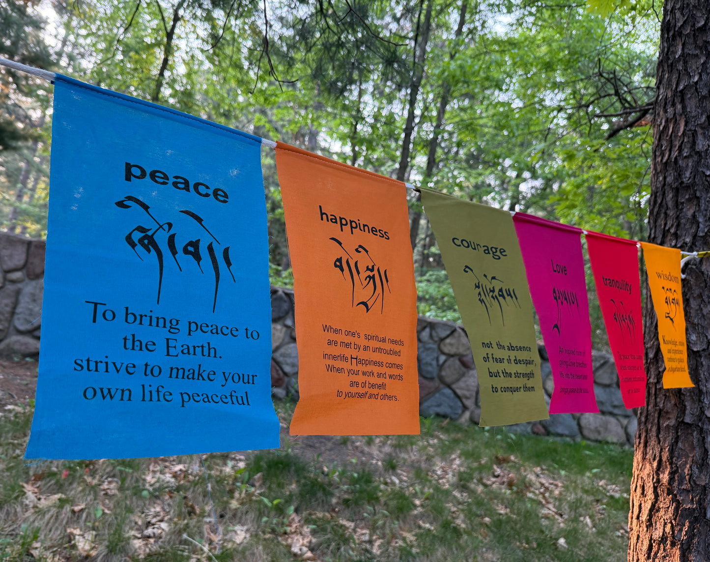 Handmade Tibetan Affirmation Prayer Flags - Peace, Happiness, Courage, Love, Tranquility, Wisdom