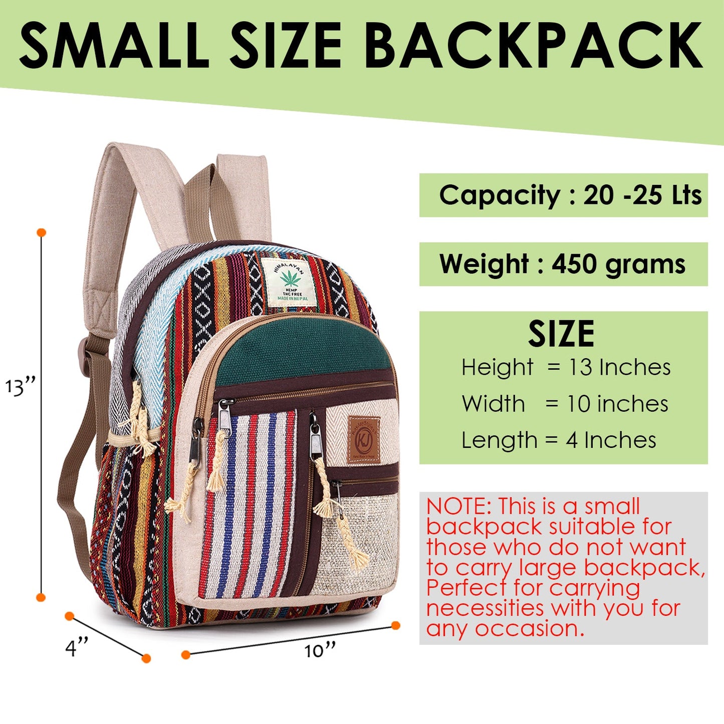 KayJayStyles Handmade Natural Hemp Nepal Backpack Purse for Women & Girls Small Lightweight Daypack