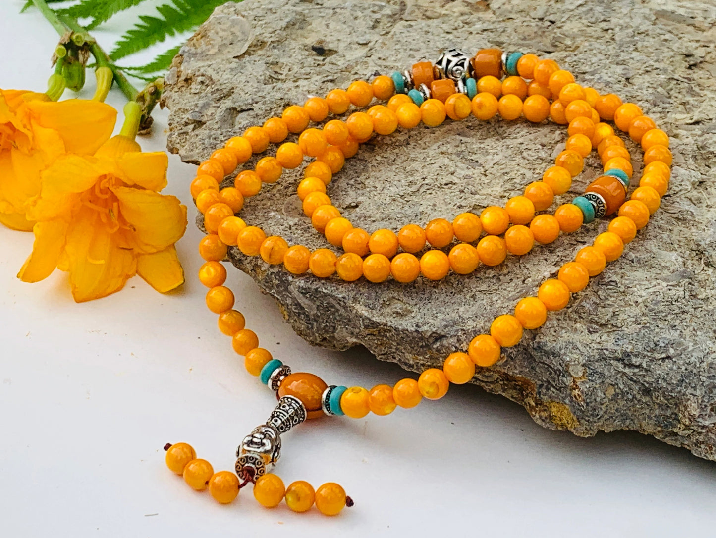 Tibetan Buddhist Mala / Rosary 108 Glass Beads/ Tibetan Silver Spacers / Free Mala Pouch