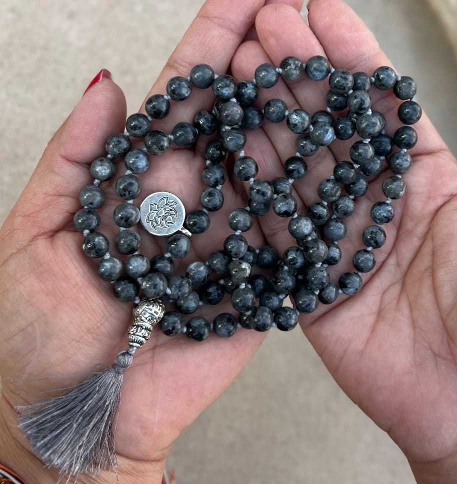 Tibetan labradorite 108 Beads Mala Meditation Yoga With Lotus Charm and Silver Guru Bead