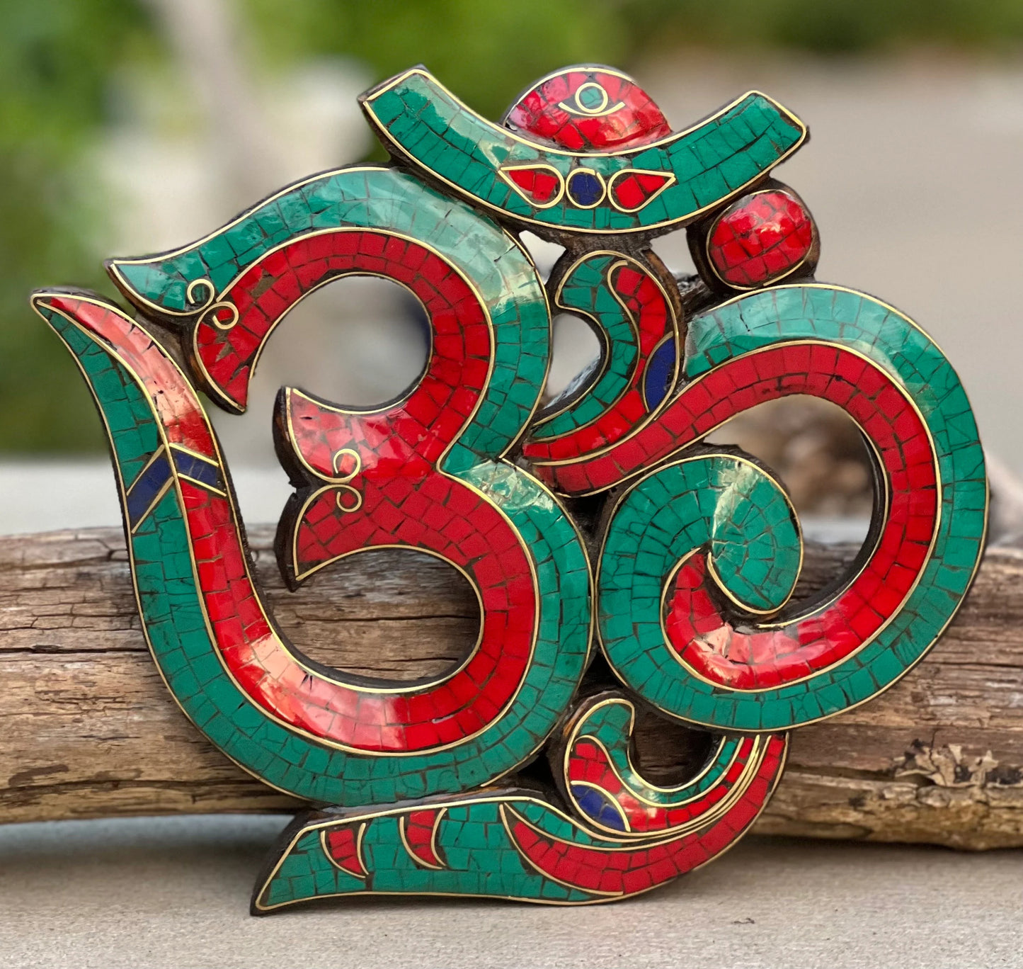 Handcrafted Om Symbol For Home Wall Mounted Art Decor Inlaid Stones Hindu Buddhist Altar Decor, Meditation Space