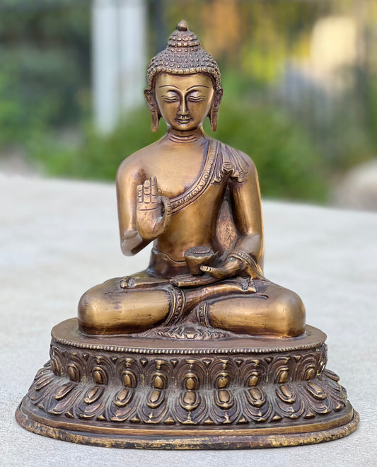 Blessing Buddha Statue Solid Antique Brass for Home Altar Shrine Meditation Room 10 Inches Tall