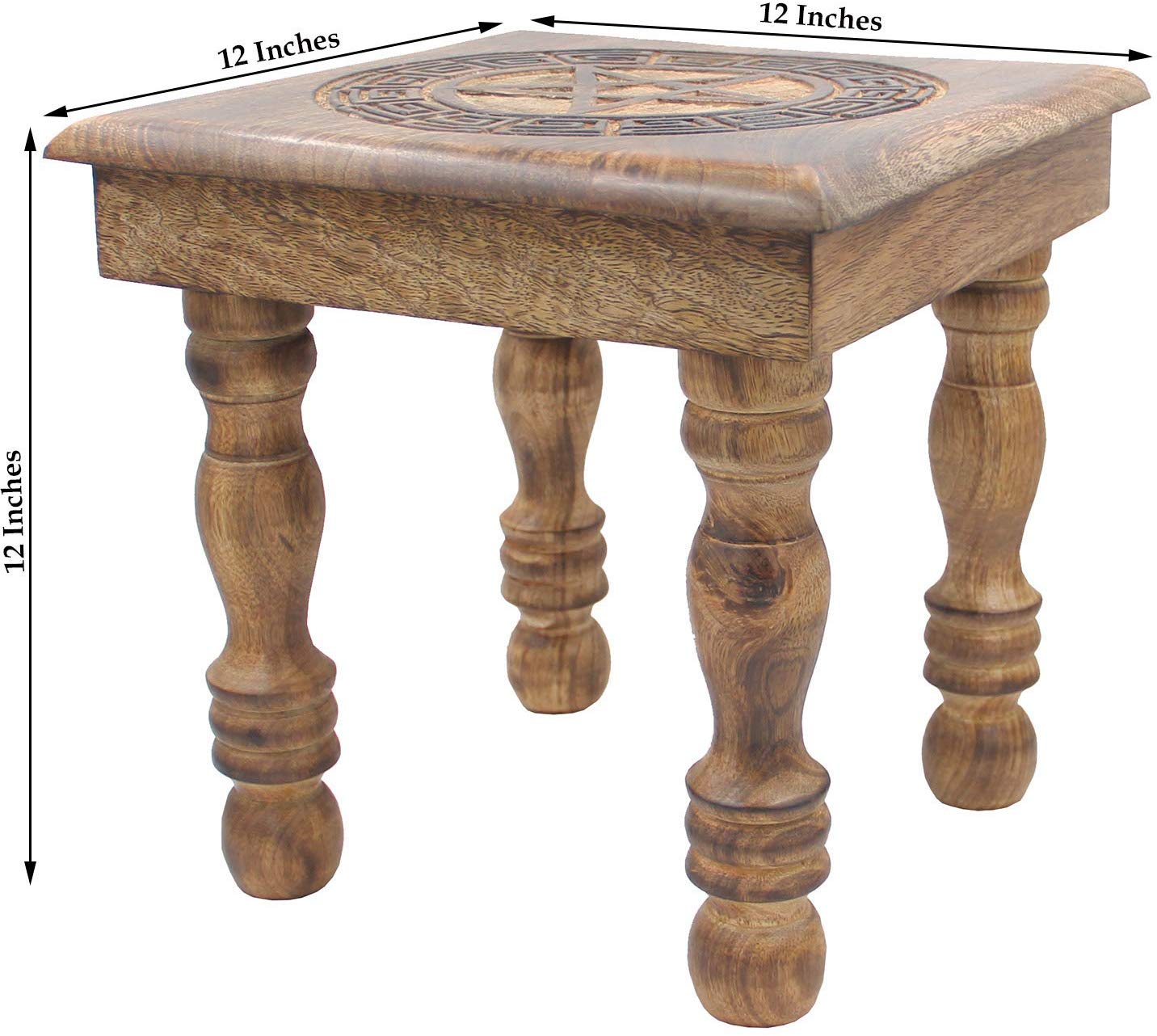 Solid Mango Wood Hand Carved Puja Shrine Altar Meditation Table (Pentagram Star) - DharmaObjects