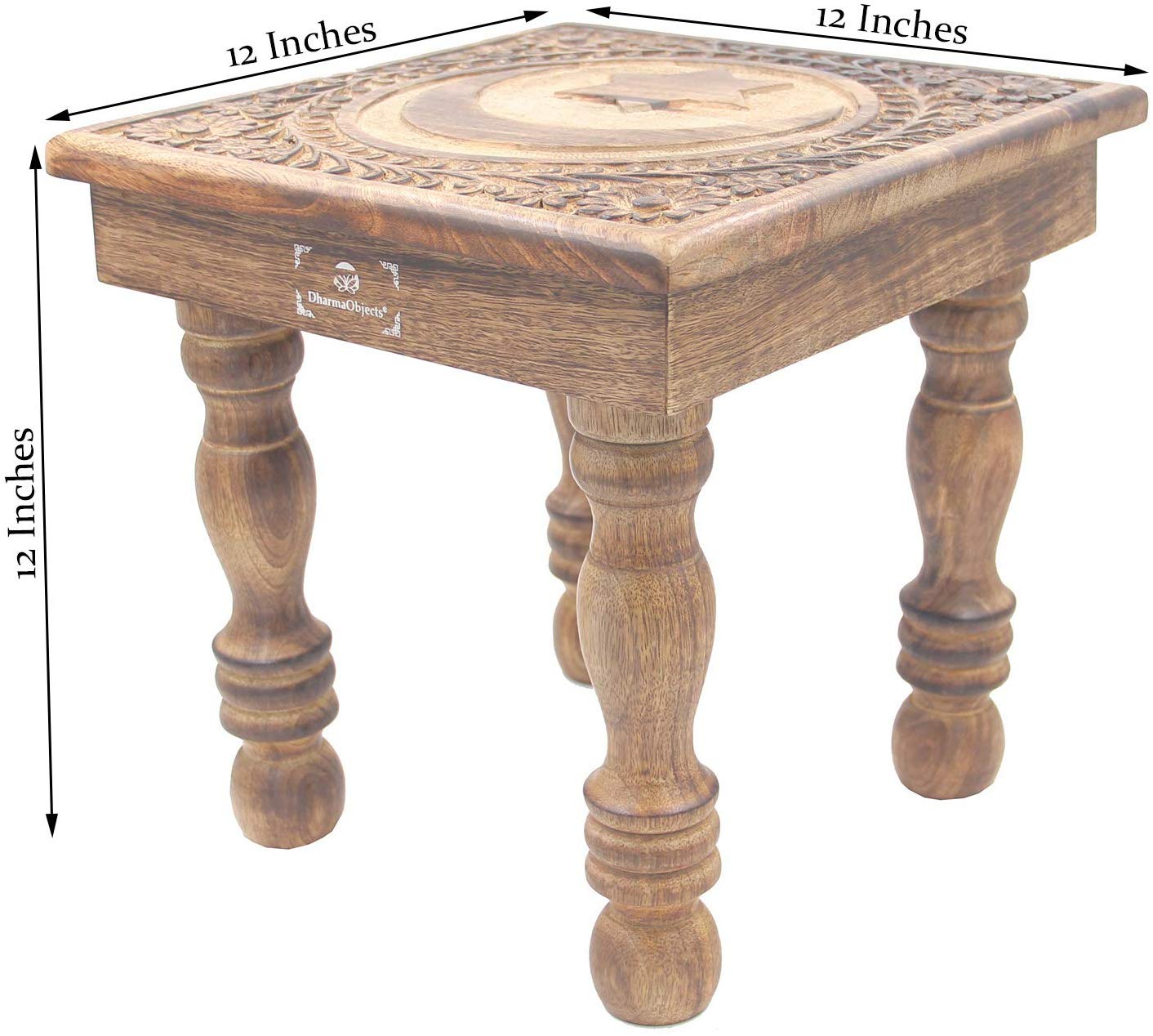 Solid Mango Wood Hand Carved Puja Shrine Altar Meditation Table (Star Moon) - DharmaObjects