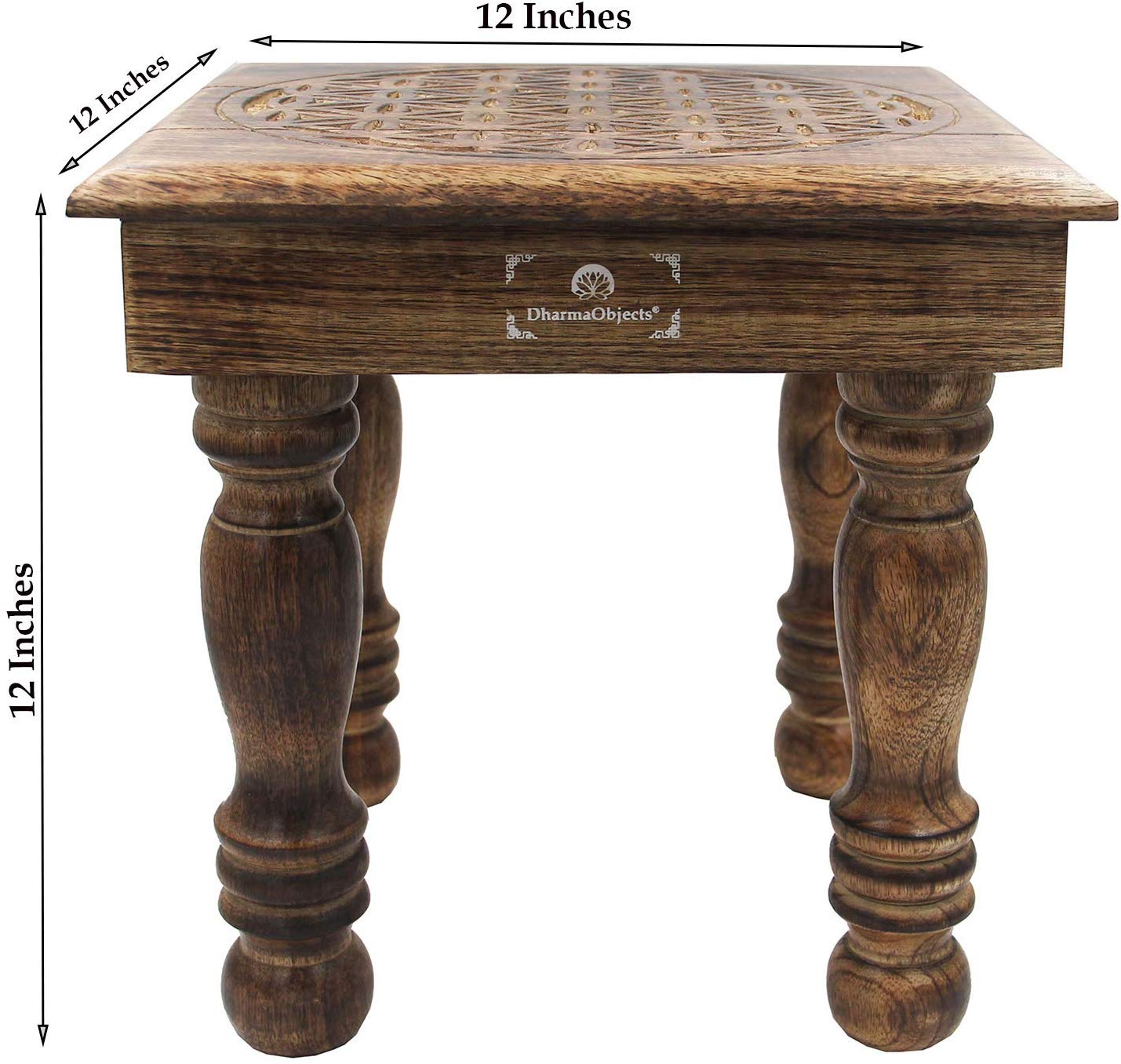 Solid Mango Wood Hand Carved Puja Shrine Altar Meditation Table (Flower of Life) - DharmaObjects