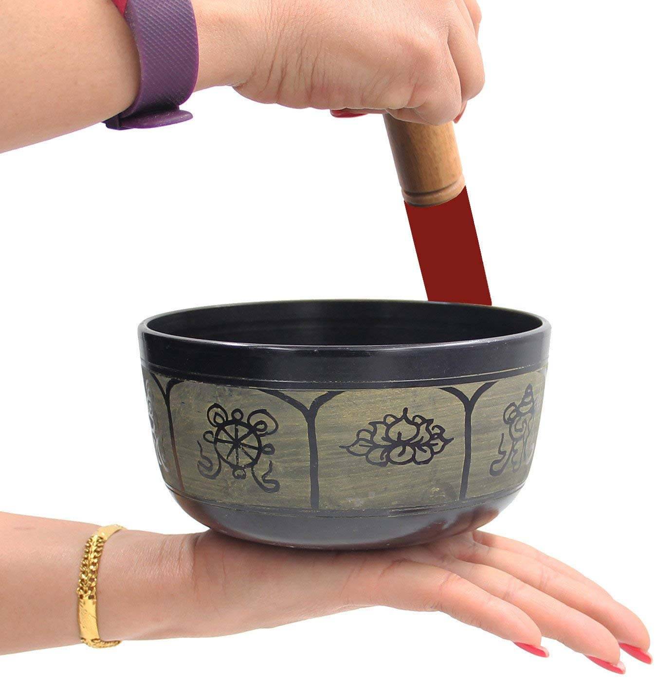 Yoga Meditation 6 Inches 8 Lucky Symbols Singing Bowl/Cushion/Leather Mallet Gift Set (Black) - DharmaObjects