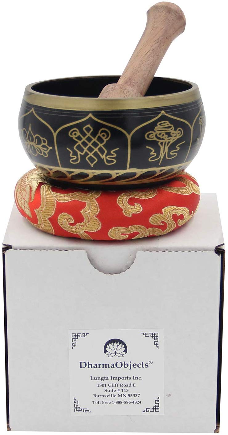 Tibetan OM MANI Singing Bowl Set ~ With Mallet, Brocade Cushion & Carry Bag ~ For Meditation, Chakra Healing, Prayer, Yoga (Eight Lucky Symbol, Black) - DharmaObjects