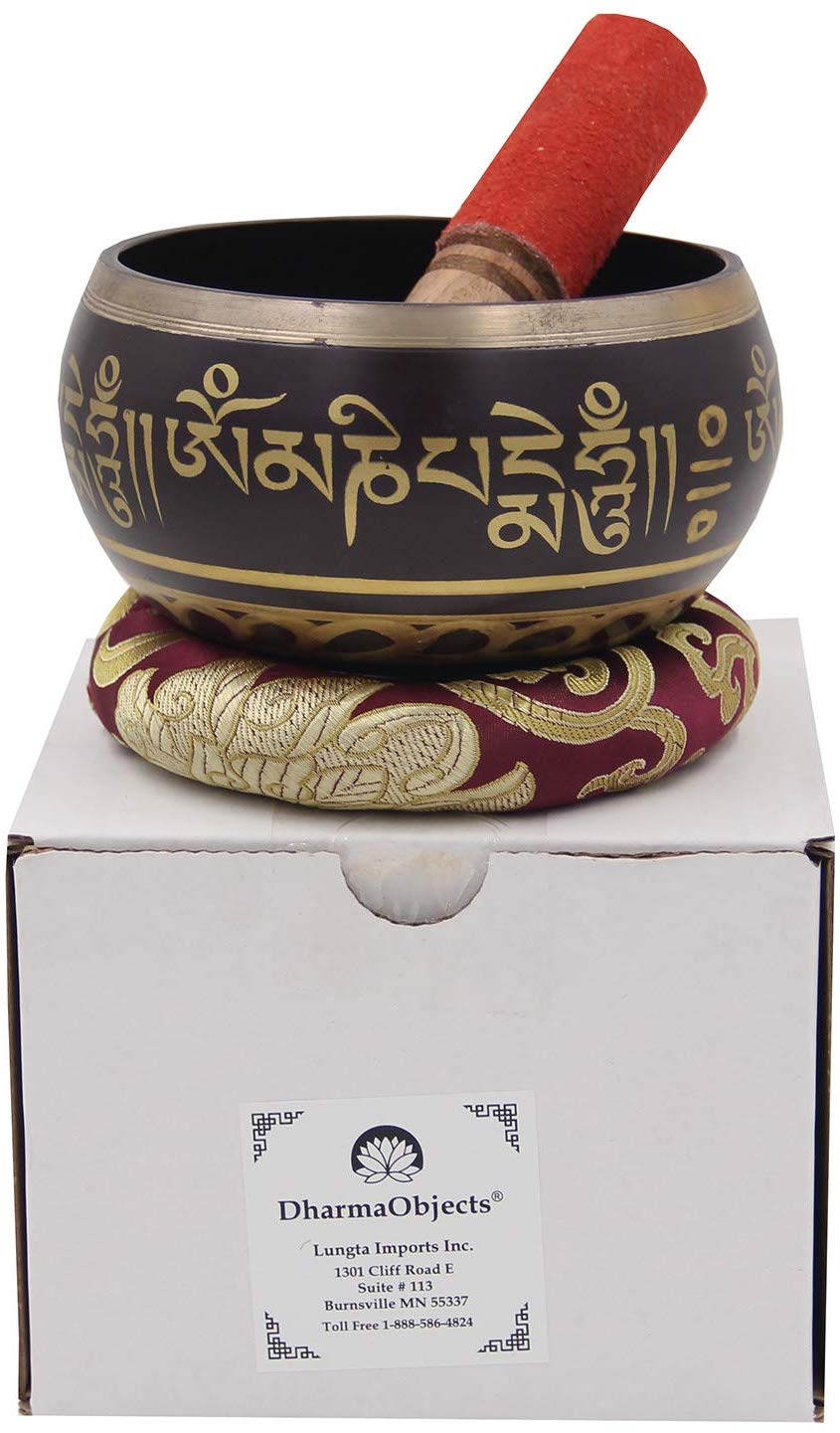 Large ~ Tibetan OM MANI Singing Bowl Set ~ With Mallet, Brocade Cushion & Carry Bag ~ For Meditation, Chakra Healing, Prayer, Yoga (Purple) - DharmaObjects