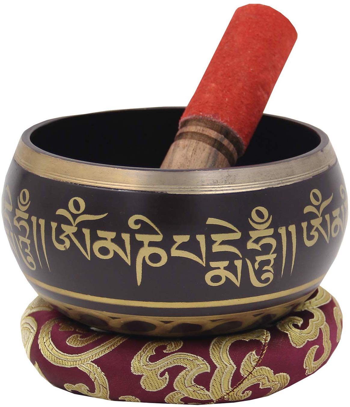 Large ~ Tibetan OM MANI Singing Bowl Set ~ With Mallet, Brocade Cushion & Carry Bag ~ For Meditation, Chakra Healing, Prayer, Yoga (Purple) - DharmaObjects