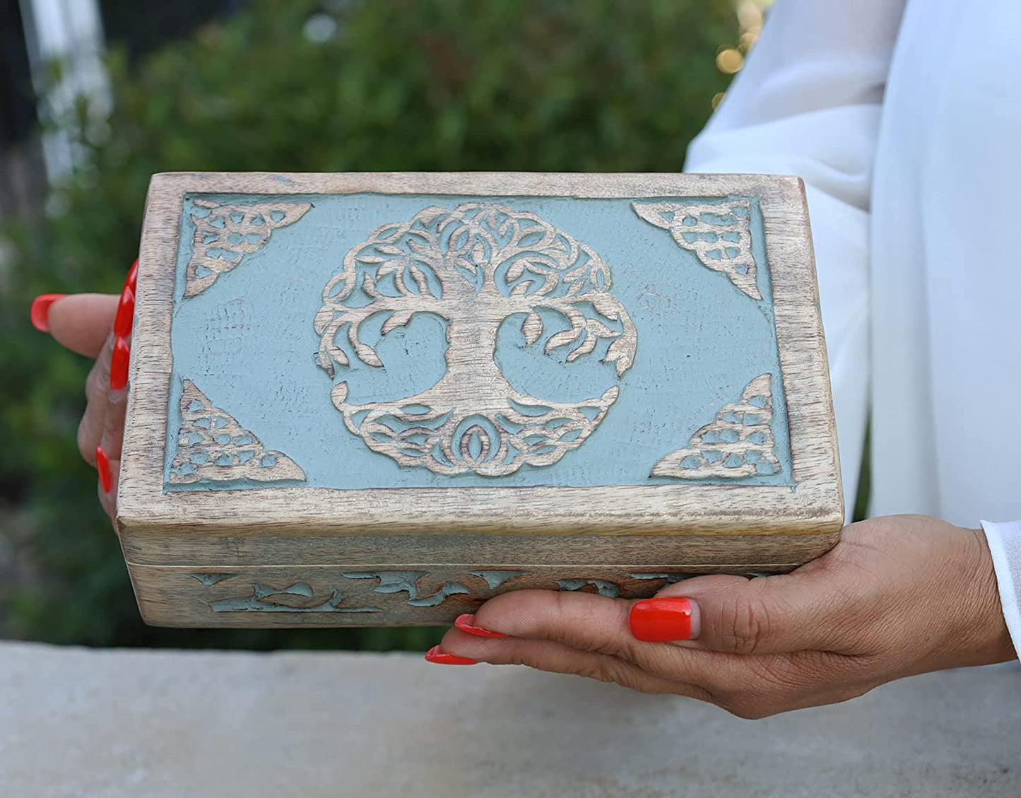 Hand Carved Jewelry Trinket Keepsake Wooden Storage Box (Celtic Tree of Life, Large)