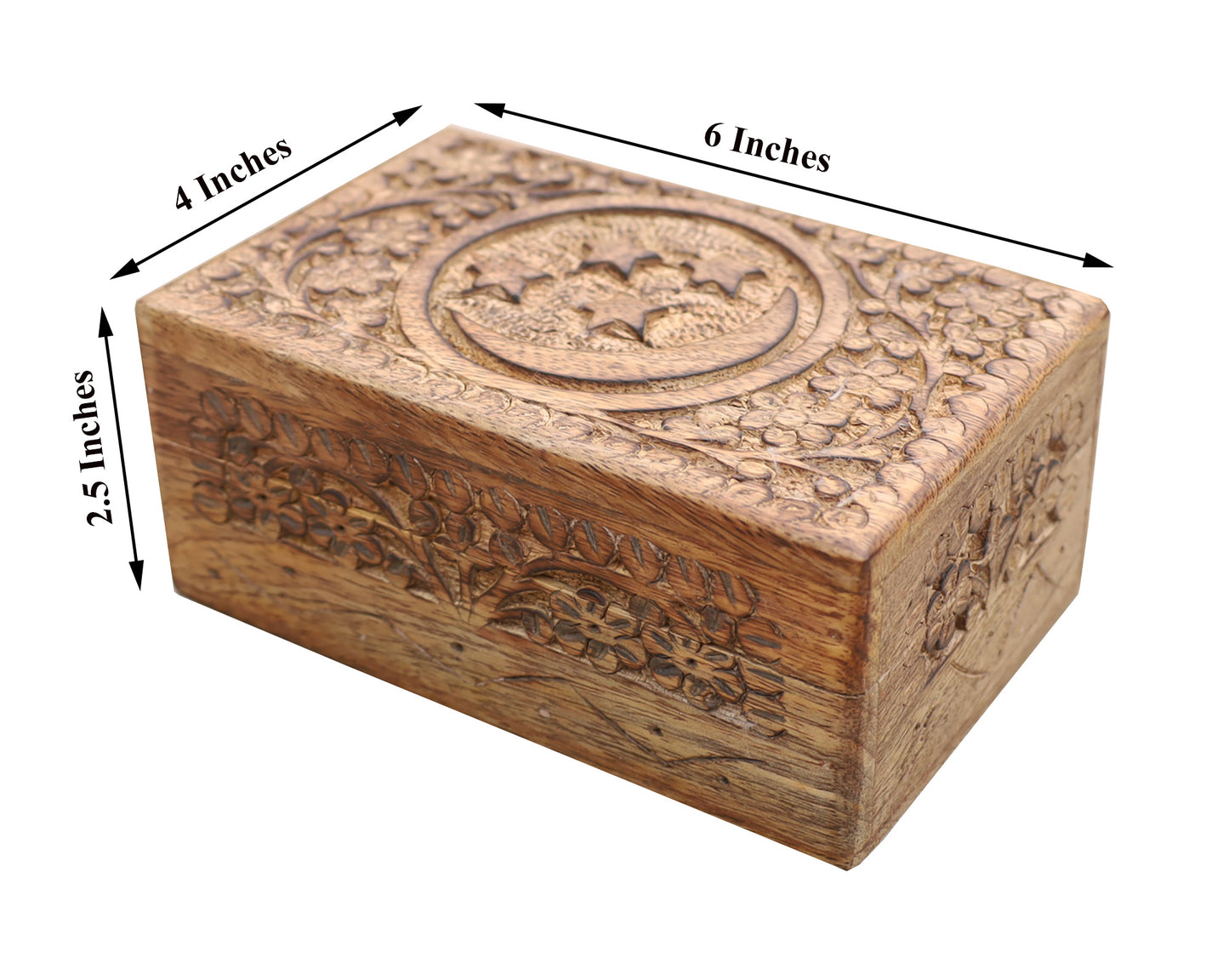 Celestial Moon and Stars Hand Carved Wooden Storage Keepsake Box