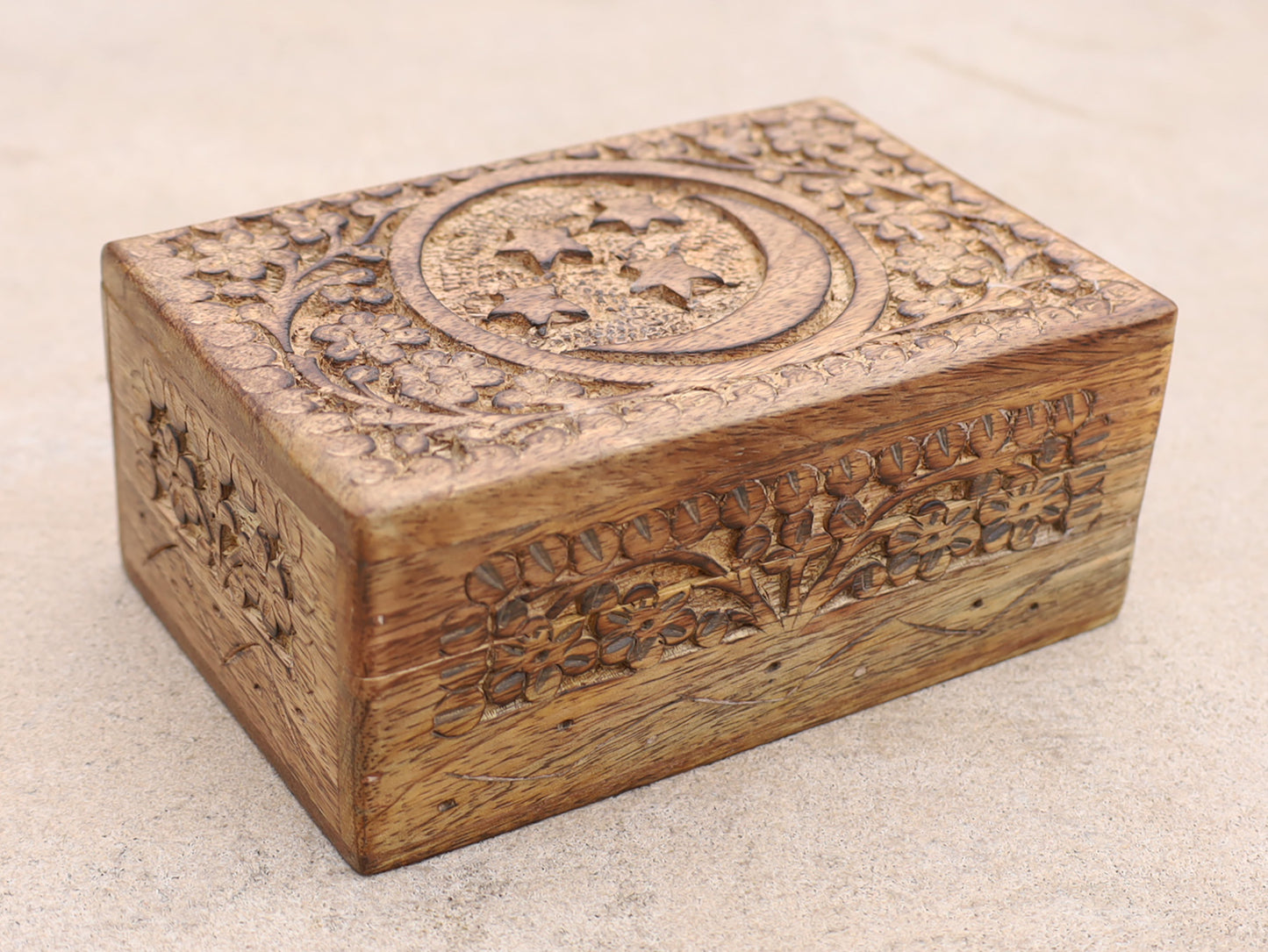 Celestial Moon and Stars Hand Carved Wooden Storage Keepsake Box