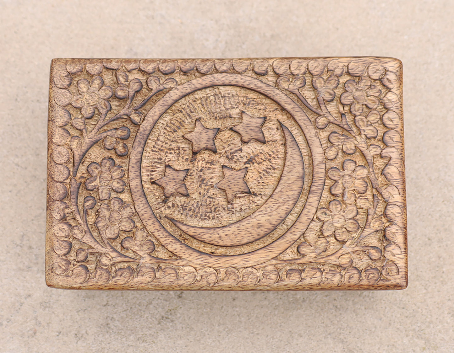 Celestial Moon and Stars Hand Carved Wooden Storage Keepsake Box