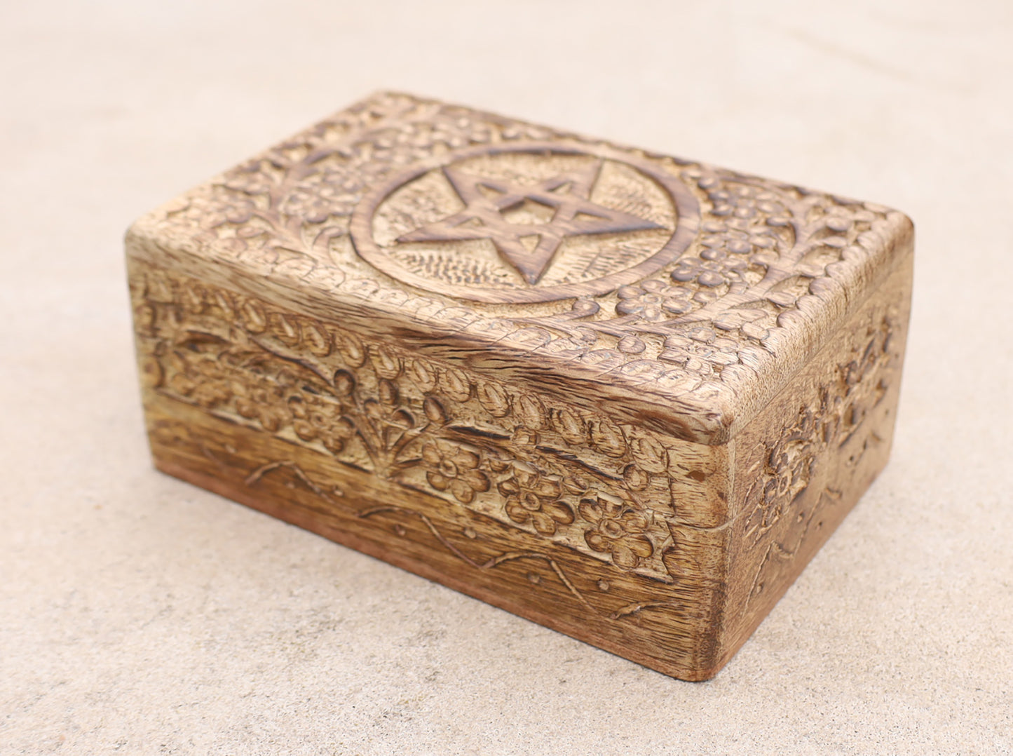 Hand Carved Pentagram Star Wooden Box Keepsake Jewelry Storage