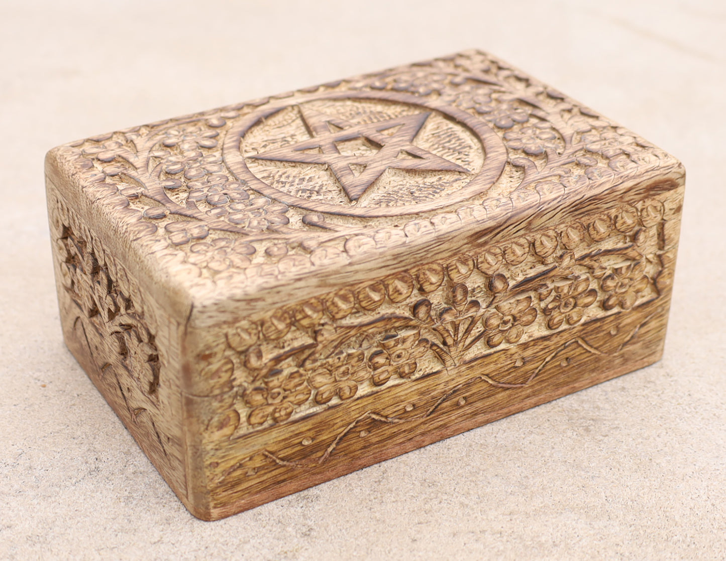 Hand Carved Pentagram Star Wooden Box Keepsake Jewelry Storage