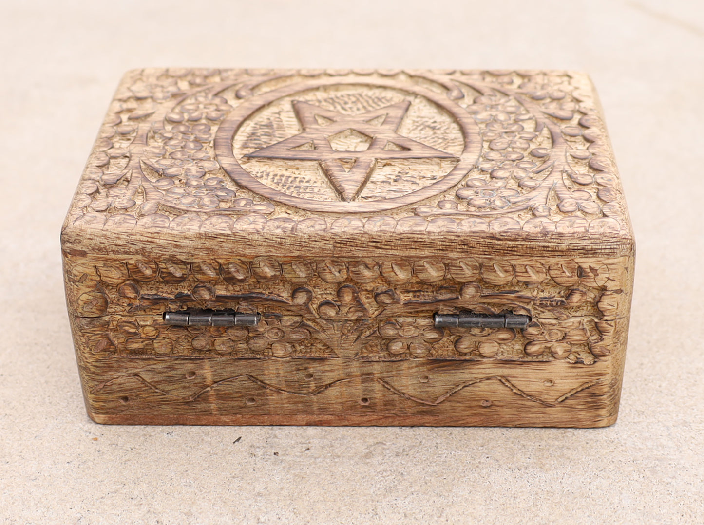 Hand Carved Pentagram Star Wooden Box Keepsake Jewelry Storage