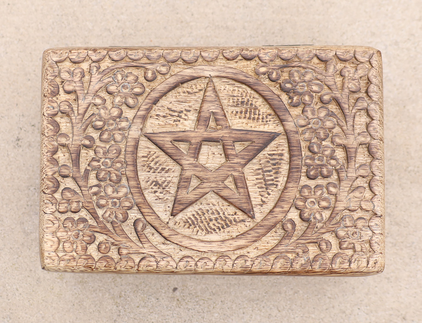 Hand Carved Pentagram Star Wooden Box Keepsake Jewelry Storage