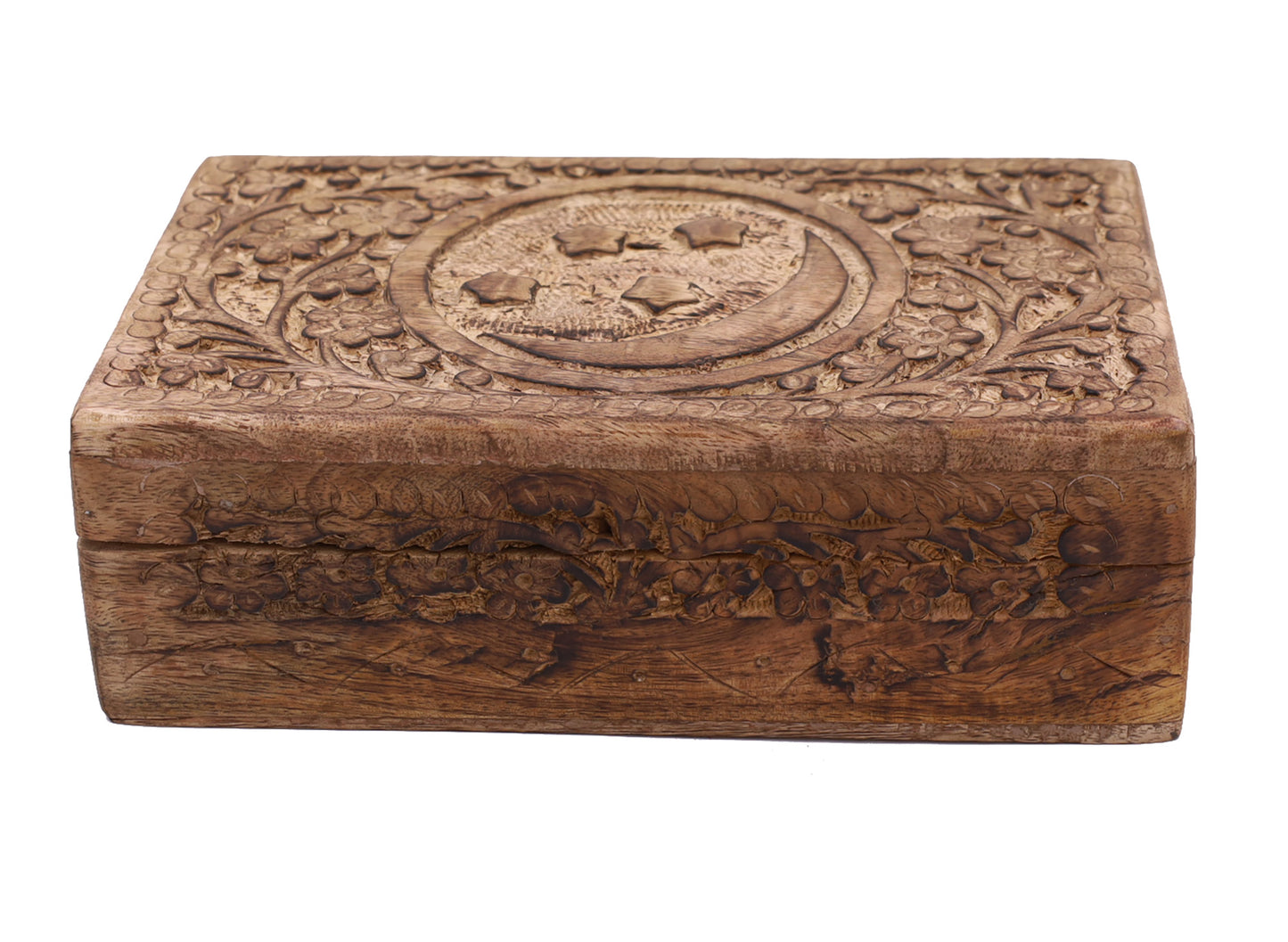 Celestial Moon and Stars Hand Carved Wooden Storage Keepsake Box