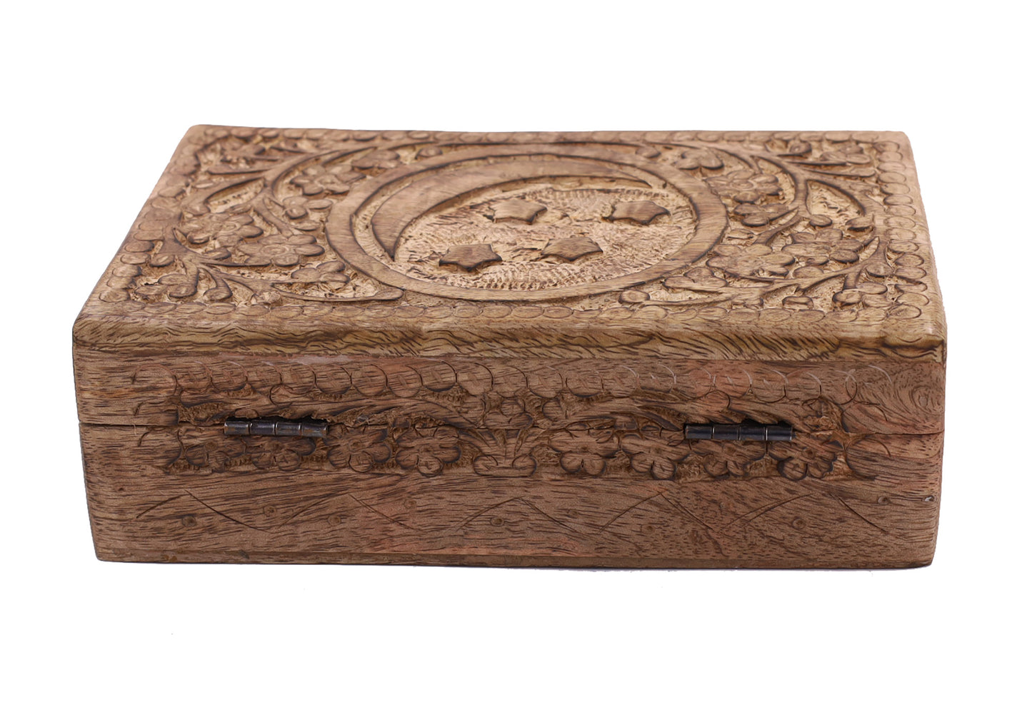 Celestial Moon and Stars Hand Carved Wooden Storage Keepsake Box