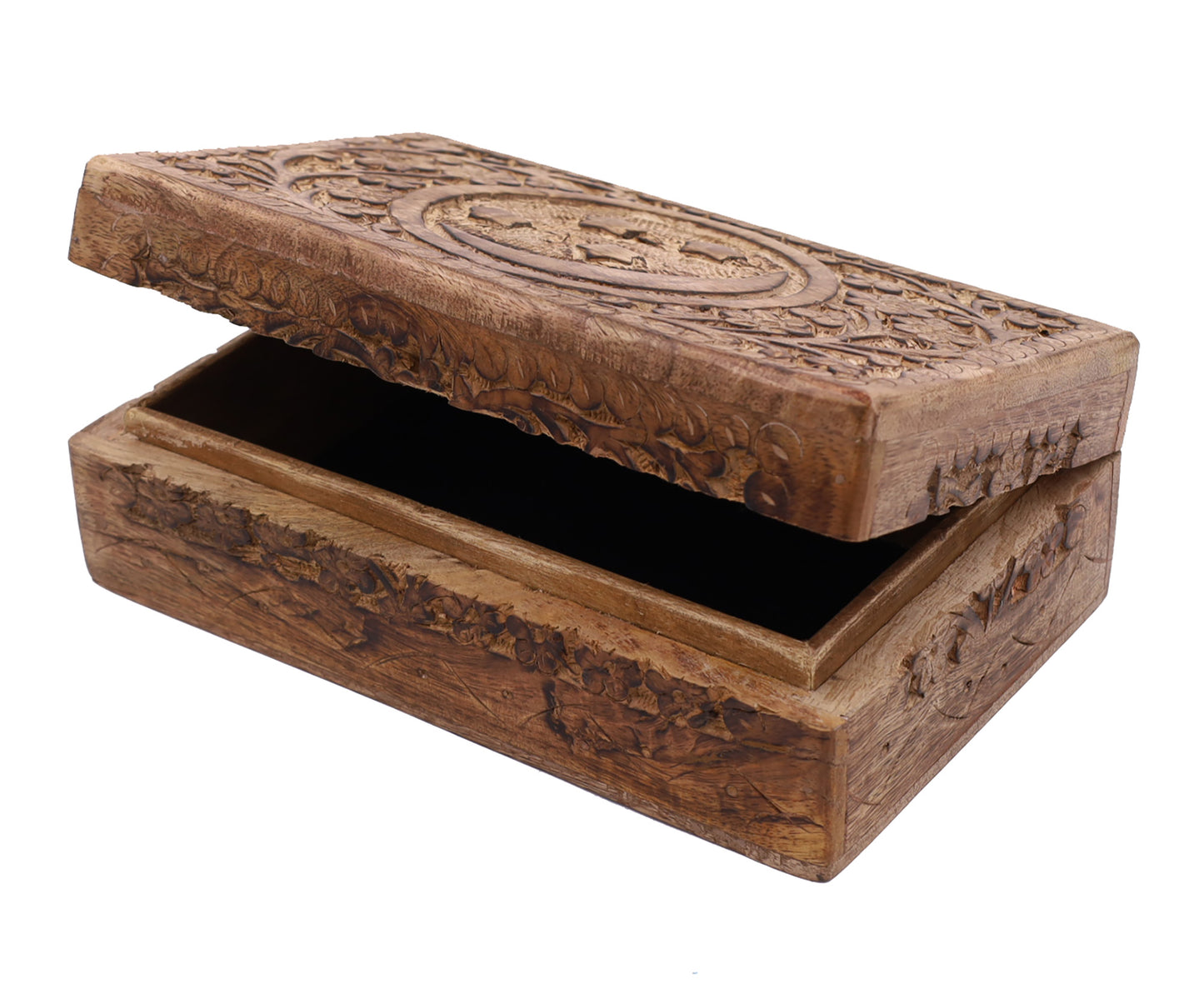 Celestial Moon and Stars Hand Carved Wooden Storage Keepsake Box