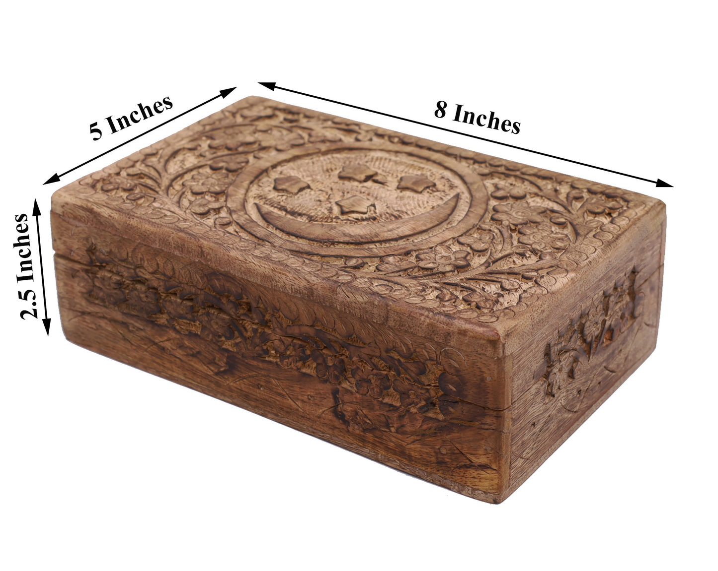 Celestial Moon and Stars Hand Carved Wooden Storage Keepsake Box