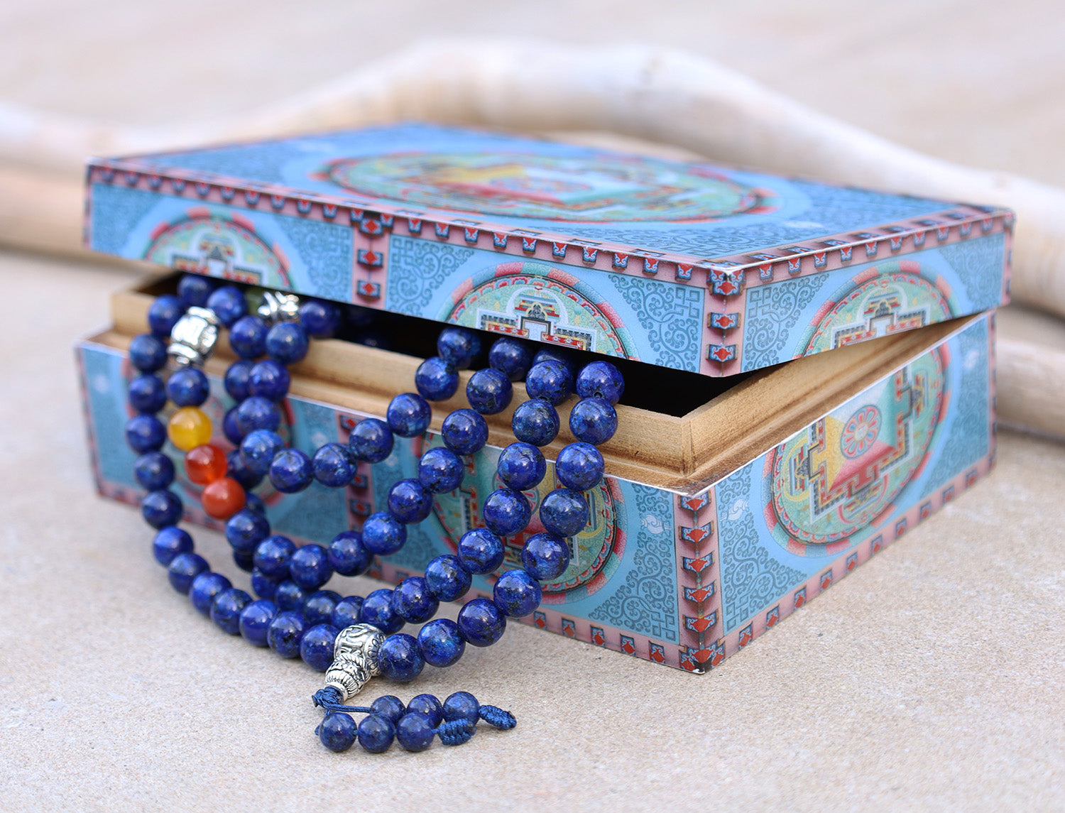 Tibetan Prayer Meditation Healing Chakra Lapis Lazuli 108 Beads Mala With  Silver Guru Bead , Silver Spacers And Mala Wooden Box