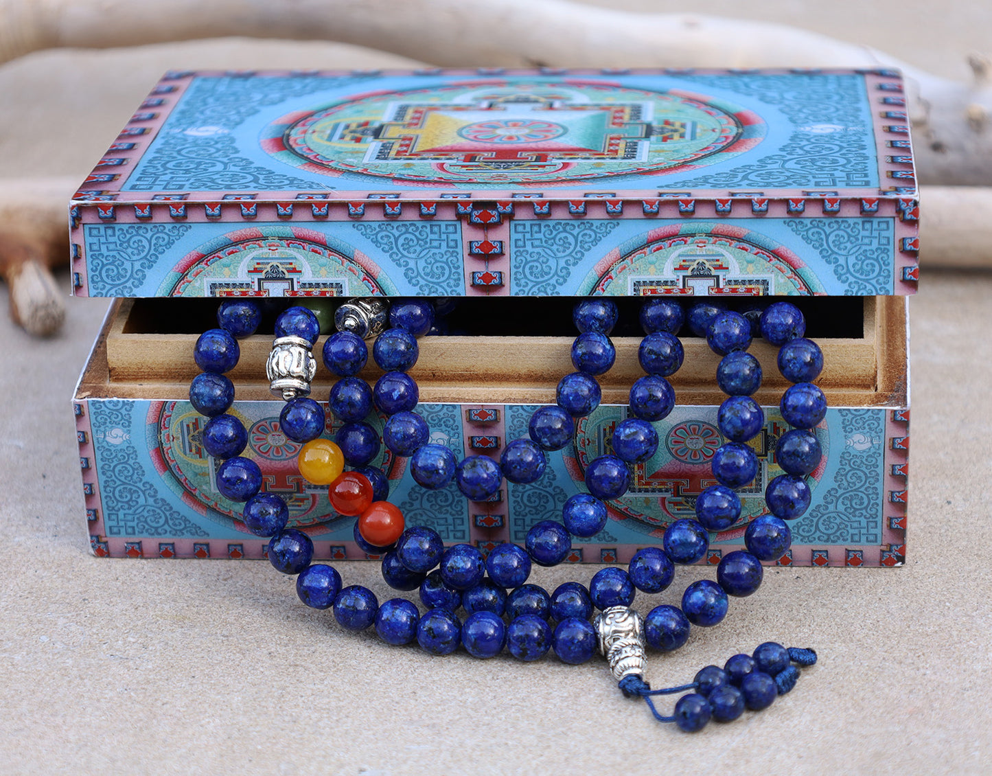 Tibetan Prayer Meditation Healing Chakra Lapis Lazuli 108 Beads Mala With Silver Guru Bead , Silver Spacers And Mala Wooden Box