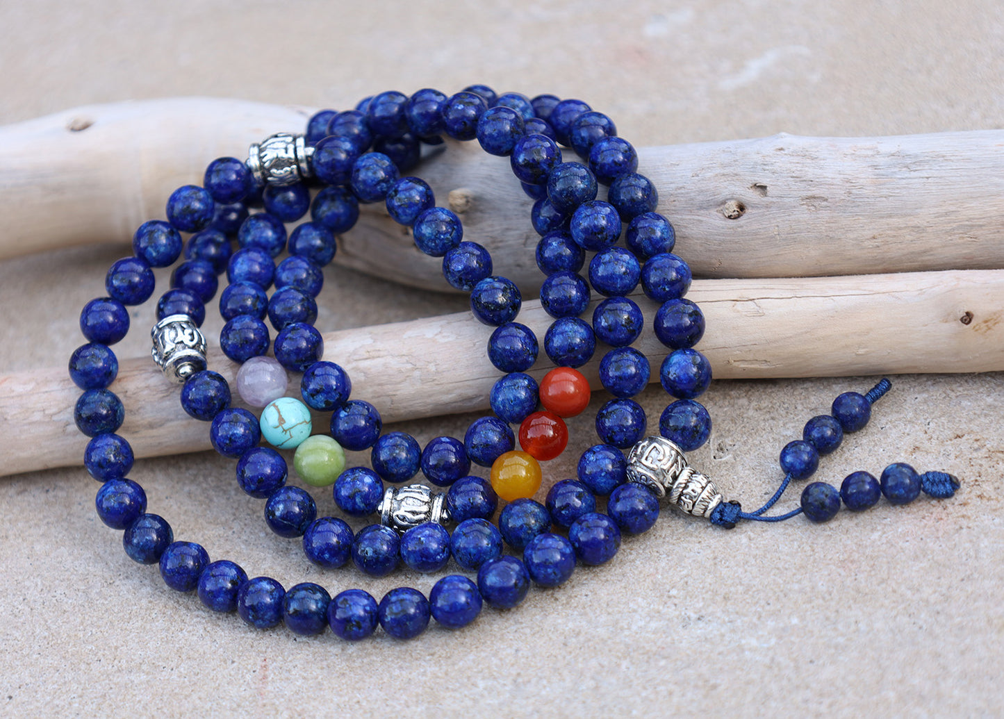 Tibetan Prayer Meditation Healing Chakra Lapis Lazuli 108 Beads Mala With Silver Guru Bead , Silver Spacers And Mala Wooden Box