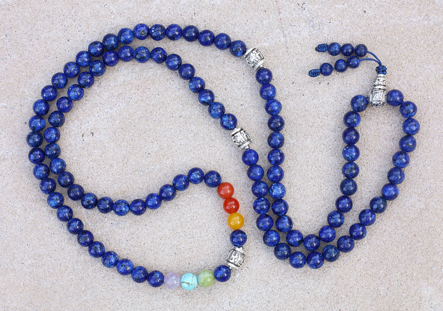 Tibetan Prayer Meditation Healing Chakra Lapis Lazuli 108 Beads Mala With Silver Guru Bead , Silver Spacers And Mala Wooden Box