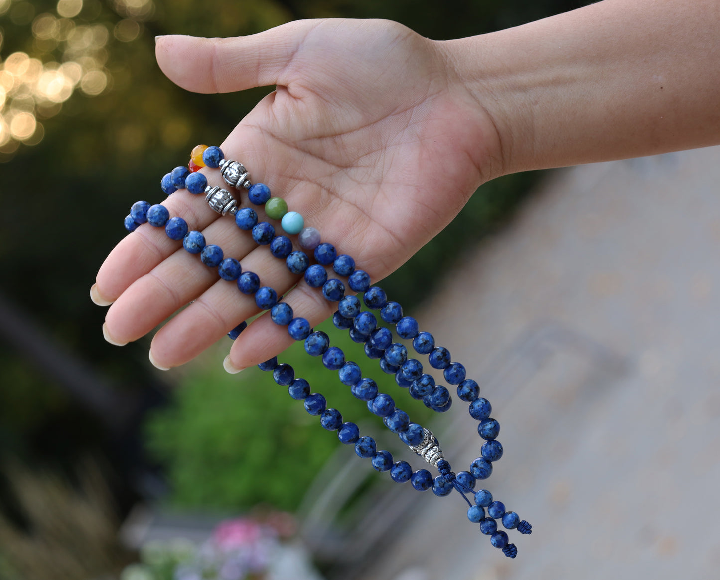 Tibetan Prayer Meditation Healing Chakra Lapis Lazuli 108 Beads Mala With Silver Guru Bead , Silver Spacers And Mala Wooden Box