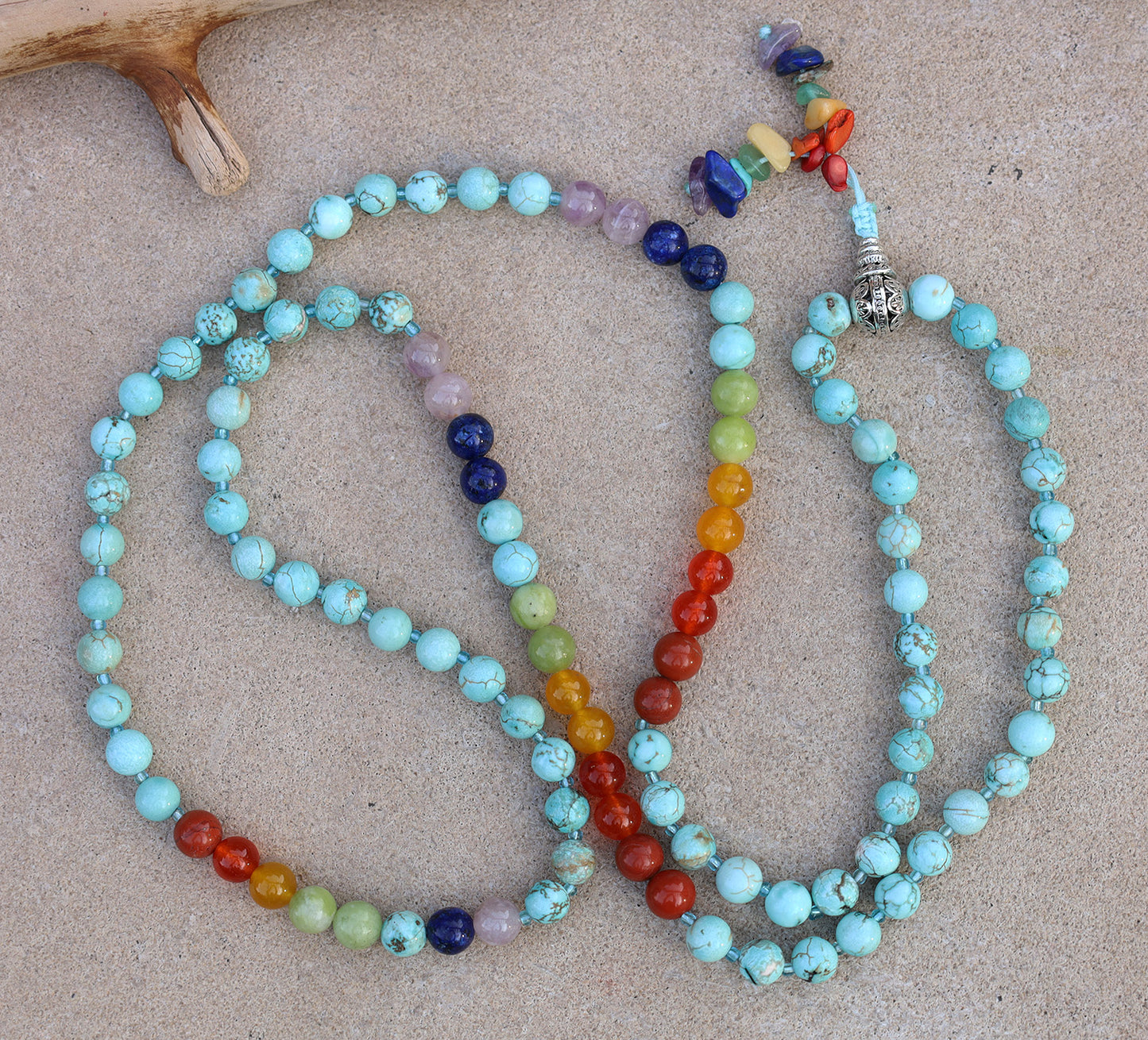 Tibetan Turquoise Chakra 108 Beads Mala Meditation Yoga With Silver Guru Bead, Silver Spacers And Mala Wooden Box