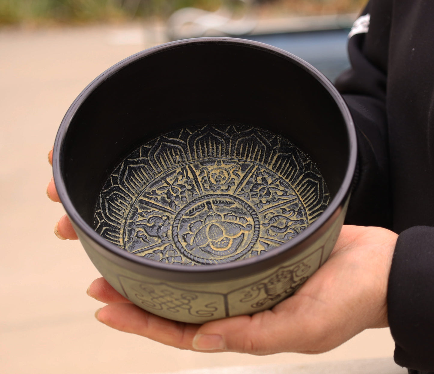 Tibetan Singing Bowl Complete Set Eight Lucky Symbol With Mallet and Cushion ~ For Meditation, Chakra Healing, Prayer, Yoga