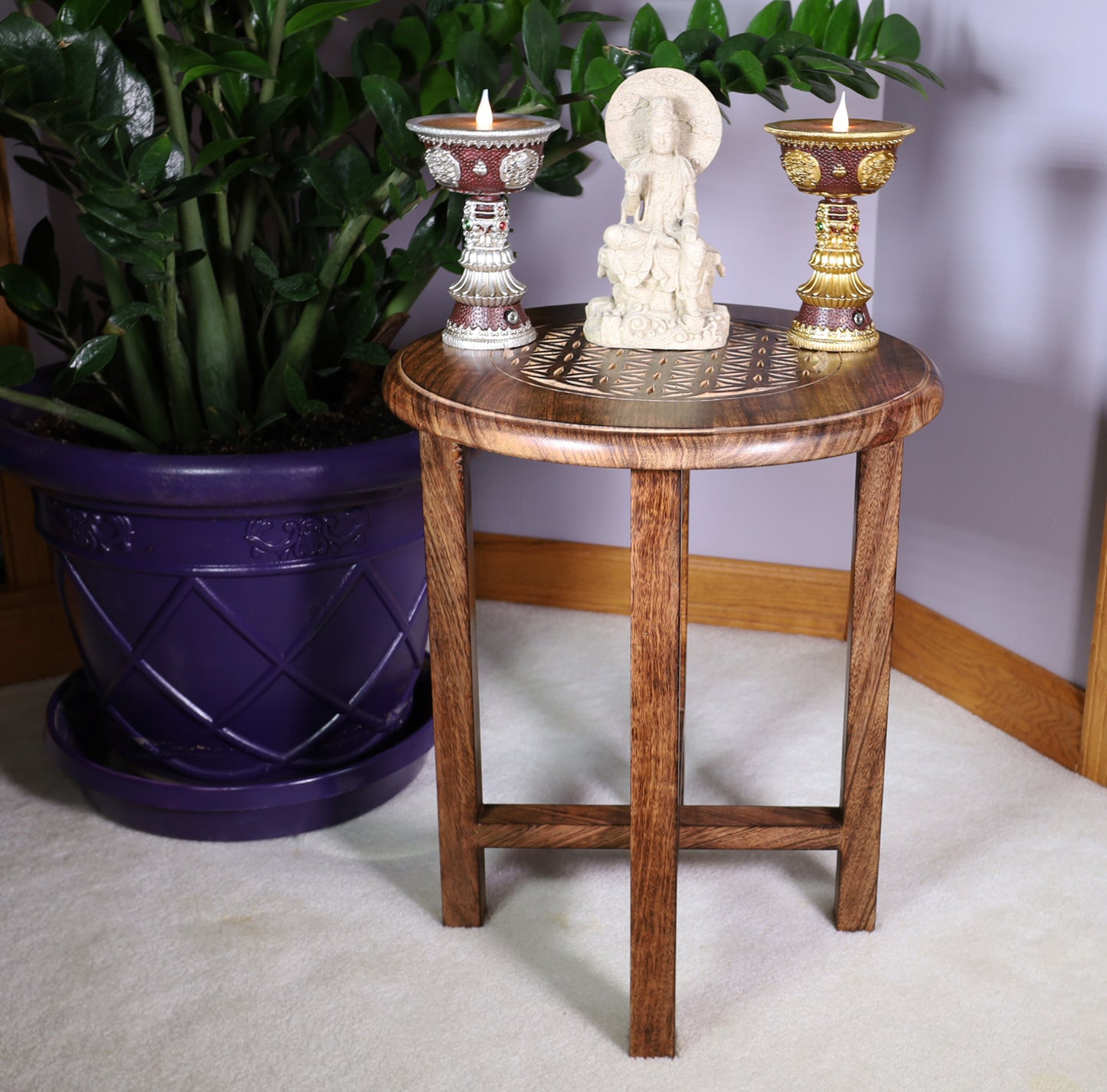 Hand Carved Wooden Round Meditation Table. Altar Table. Prayer Table. Puja. Shrine Table . Side or End Table 19 Inches High