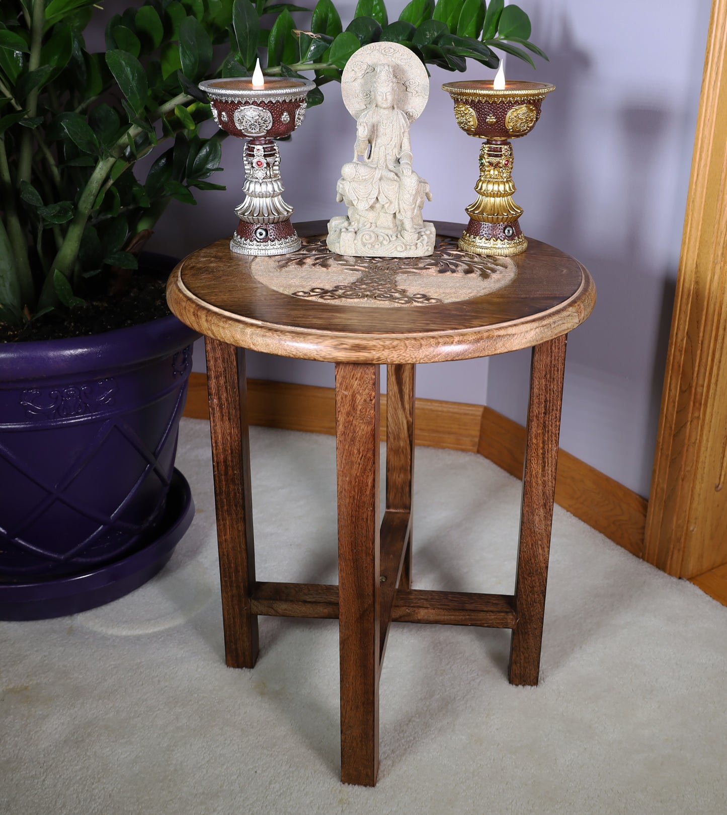 Hand Carved Wooden Round Meditation Table. Altar Table. Prayer Table. Puja. Shrine Table . Side or End Table 19 Inches High