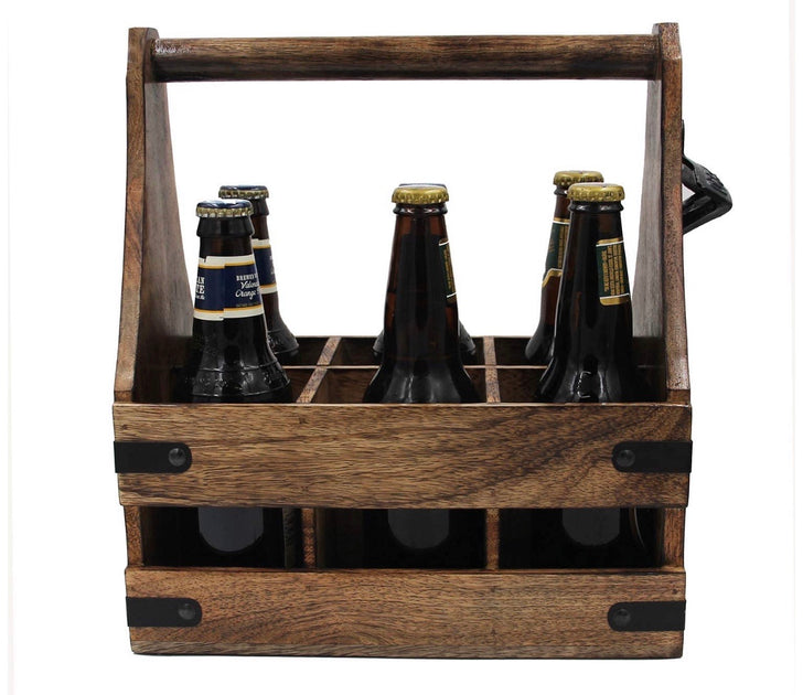 BIGTREE 6-Pack Wooden Rustic Bottle Caddy with Bottle Opener