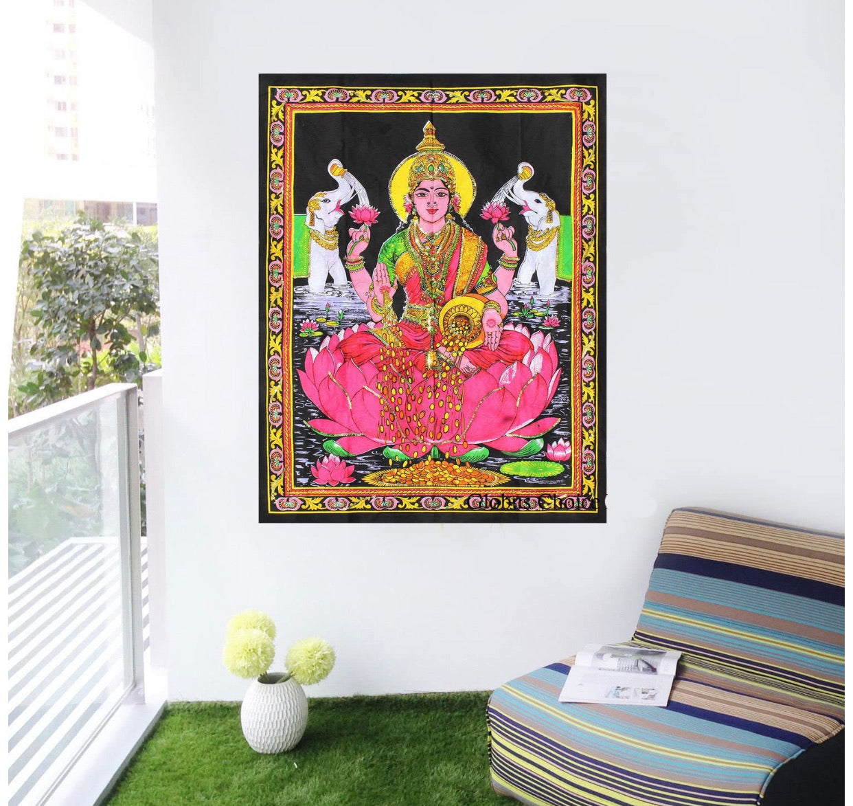 Goddess Laxmi Fabric Tapestry Wall Decor Hanging 43" X30"