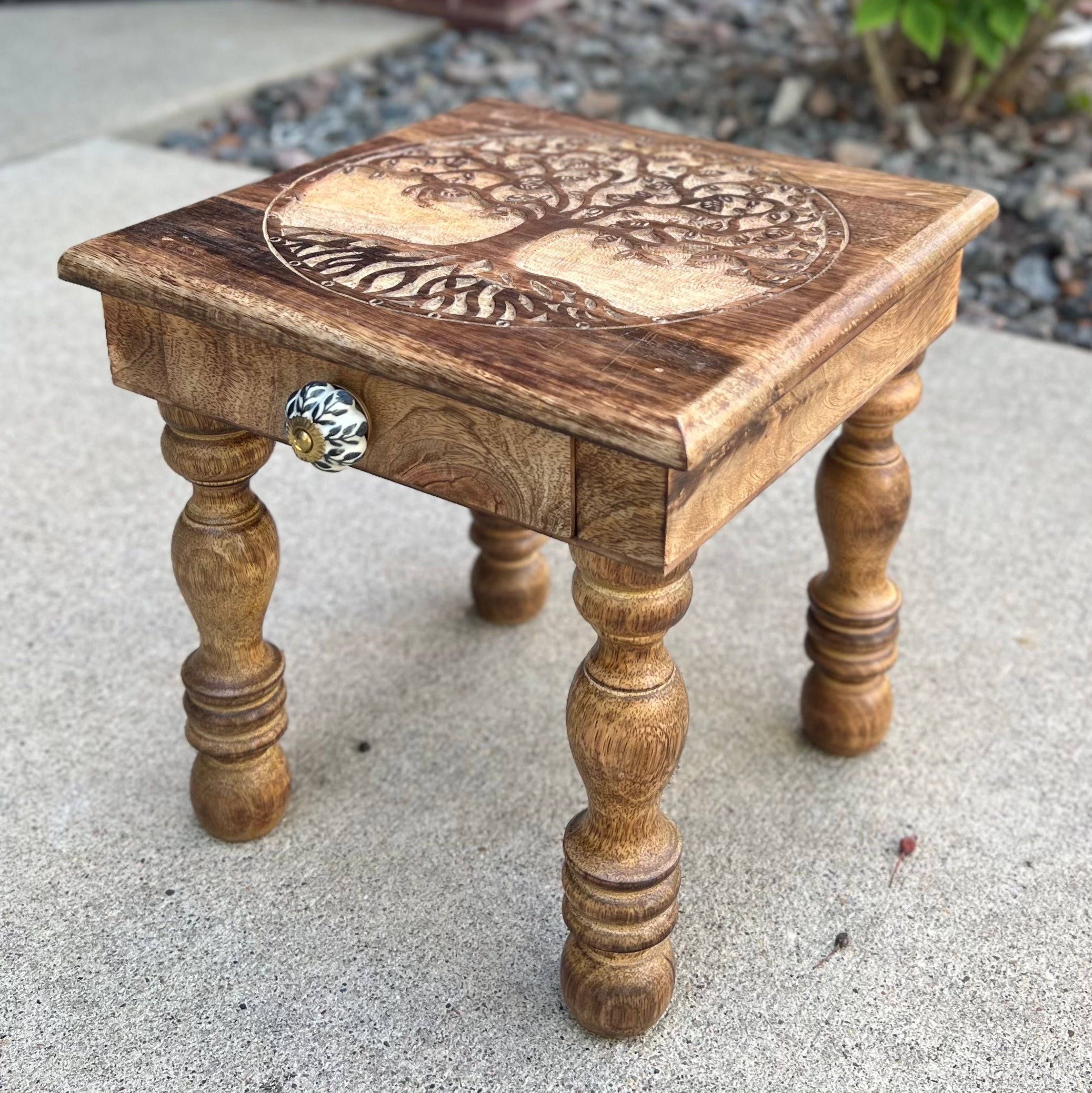 Solid Mango Wood Hand Carved Puja Shrine Altar Meditation Table Tree Of Life - DharmaObjects