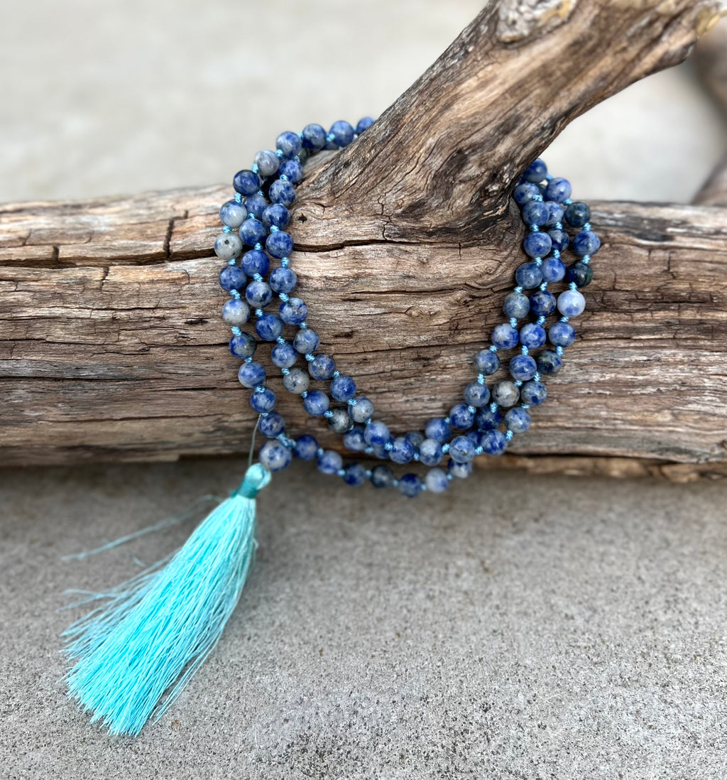 Sodalite Mala 108 Beads – Hand Knotted Gemstone Meditation Prayer Necklace