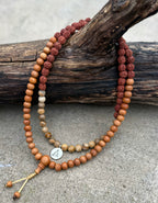 Natural Rudraksha Sandalwood Mala Necklace | 108 Meditation Prayer Beads with Brown Agate | Spiritual Yoga Jewelry - DharmaObjects