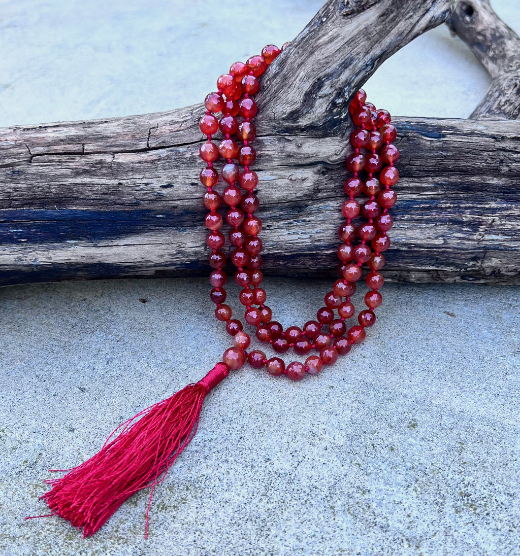 Carnelian Mala 108 Beads – Hand Knotted Gemstone Meditation Prayer Necklace