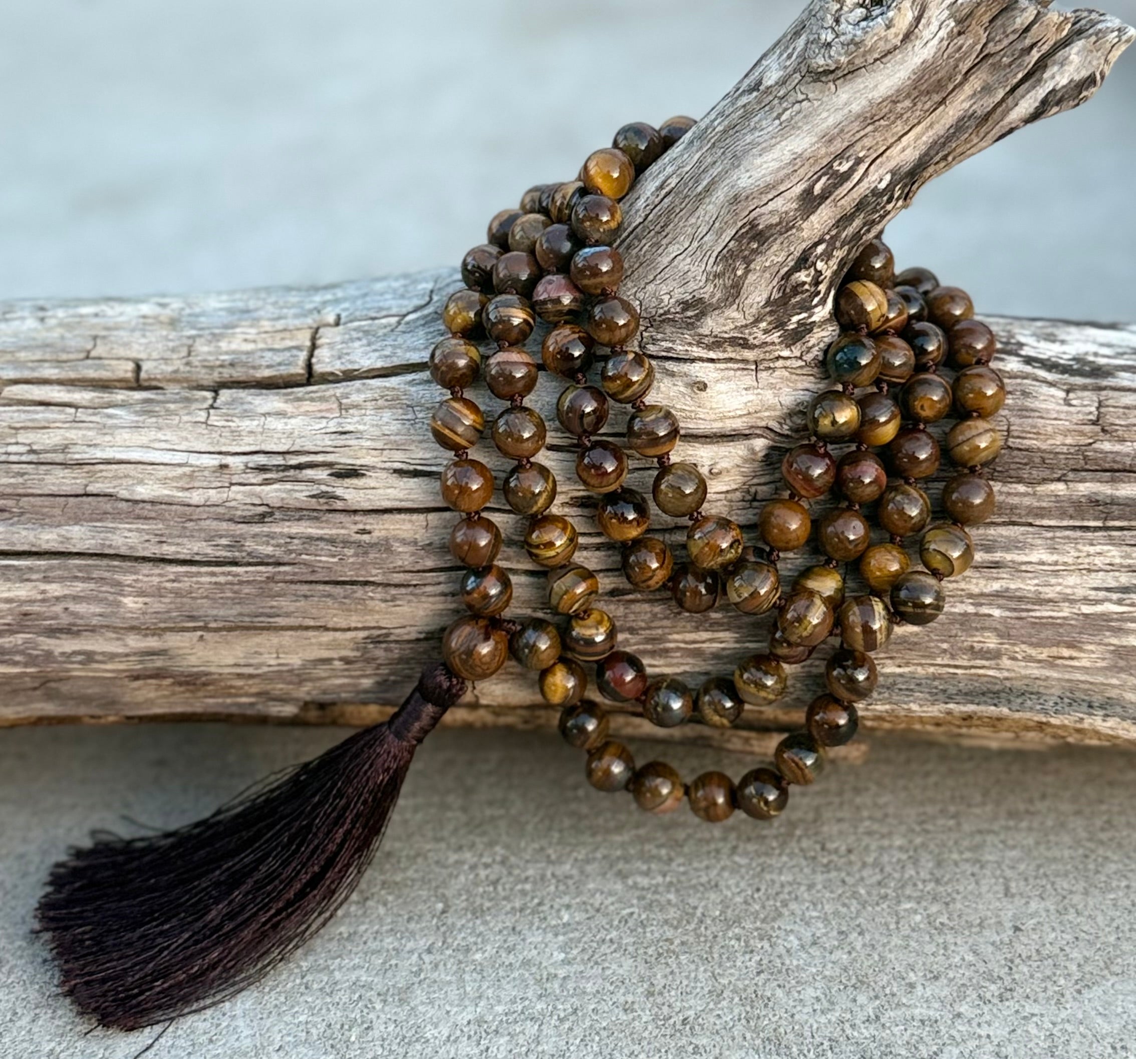 Tiger’s Eye Mala 108 Beads – Hand Knotted Gemstone Meditation Prayer Necklace