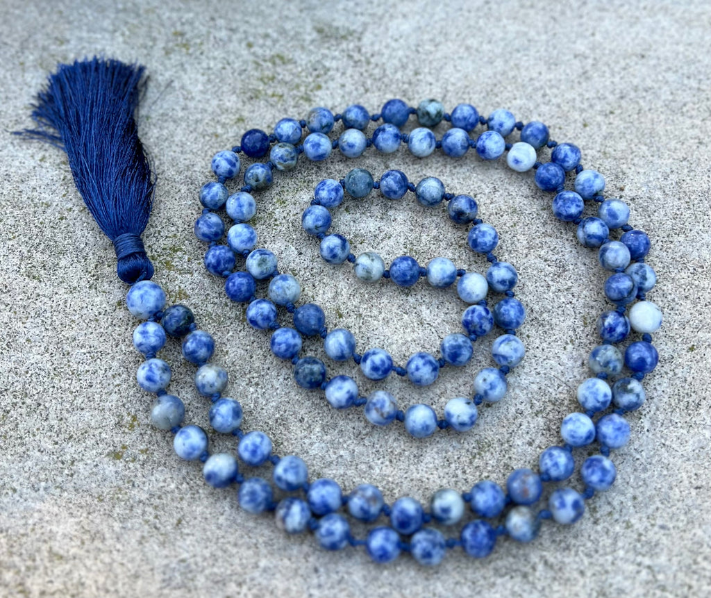 Sodalite Mala 108 Beads – Hand Knotted Gemstone Meditation Prayer Necklace