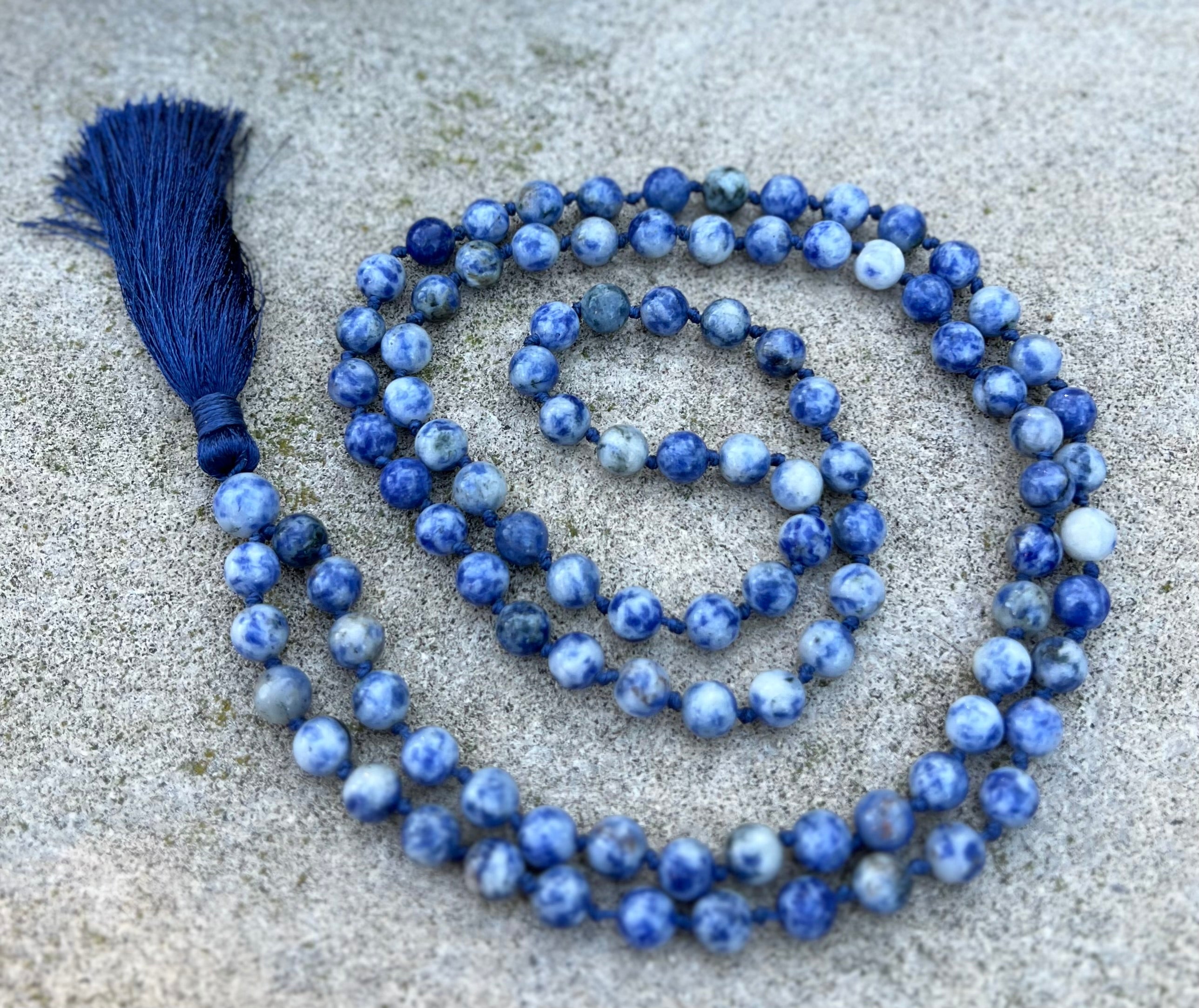 Sodalite Mala 108 Beads – Hand Knotted Gemstone Meditation Prayer Necklace