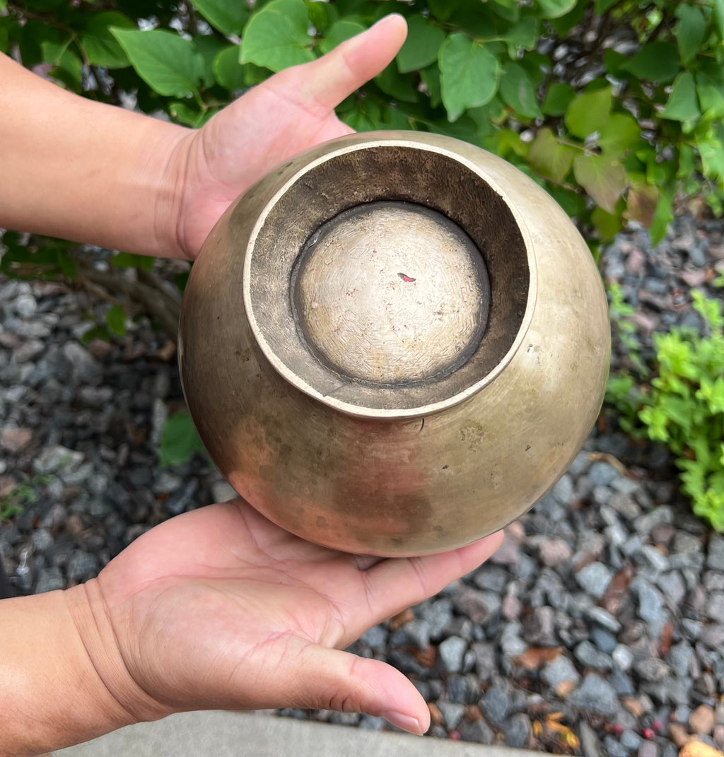 Antique Naga Pedestal Himalayan Singing Bowl 6.5" – Solar Plexus Chakra E 1332 Hz Chalice Bowl with Gong Beater & Mallet - DharmaObjects