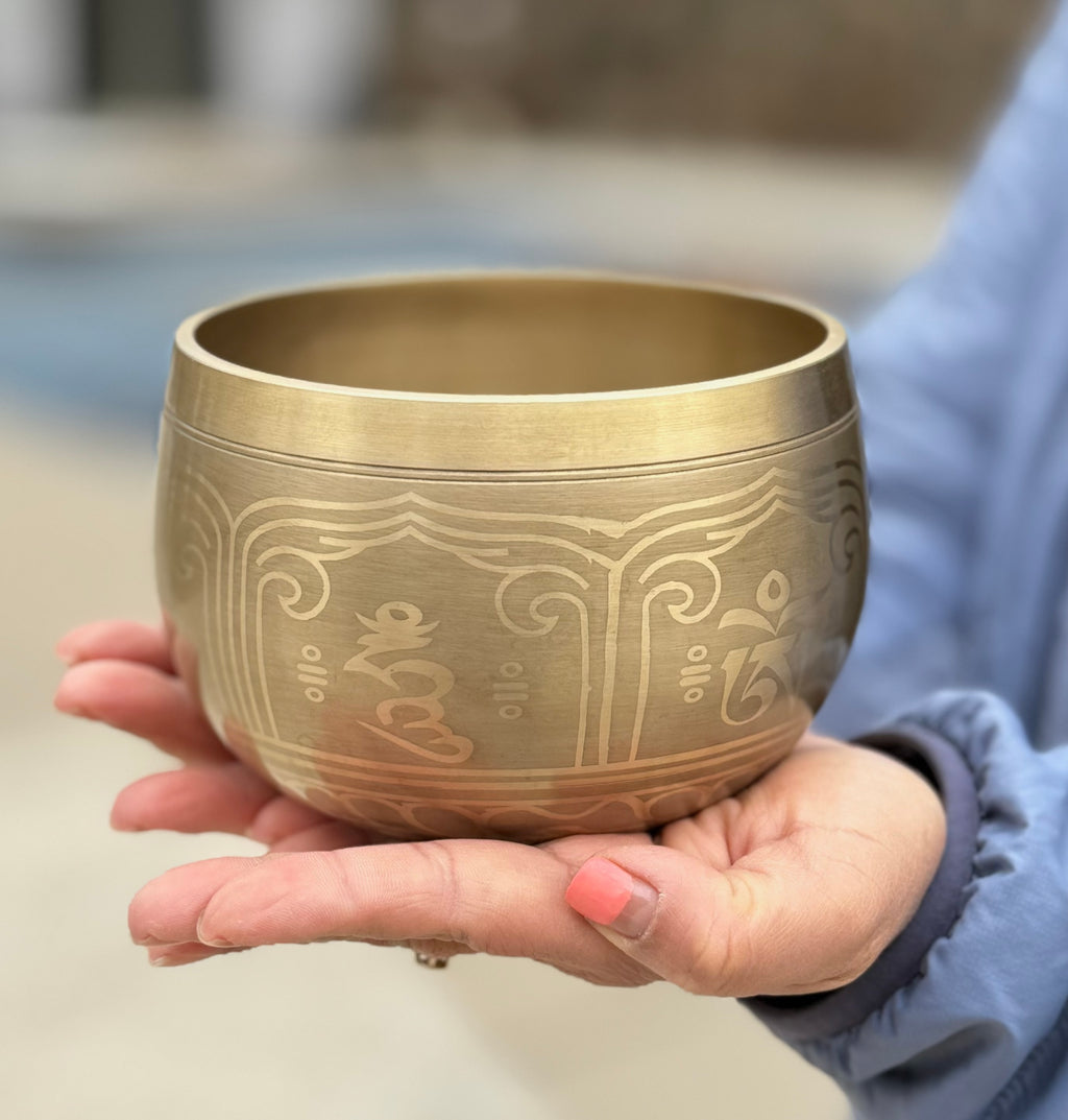 Tibetan Pro Deep Meditation Singing Bowl Set – Large Om Mani Hand Hammered Bowl with Wooden Suede Mallet & Ring Cushion for Yoga, Mindfulness & Chakra Healing - DharmaObjects