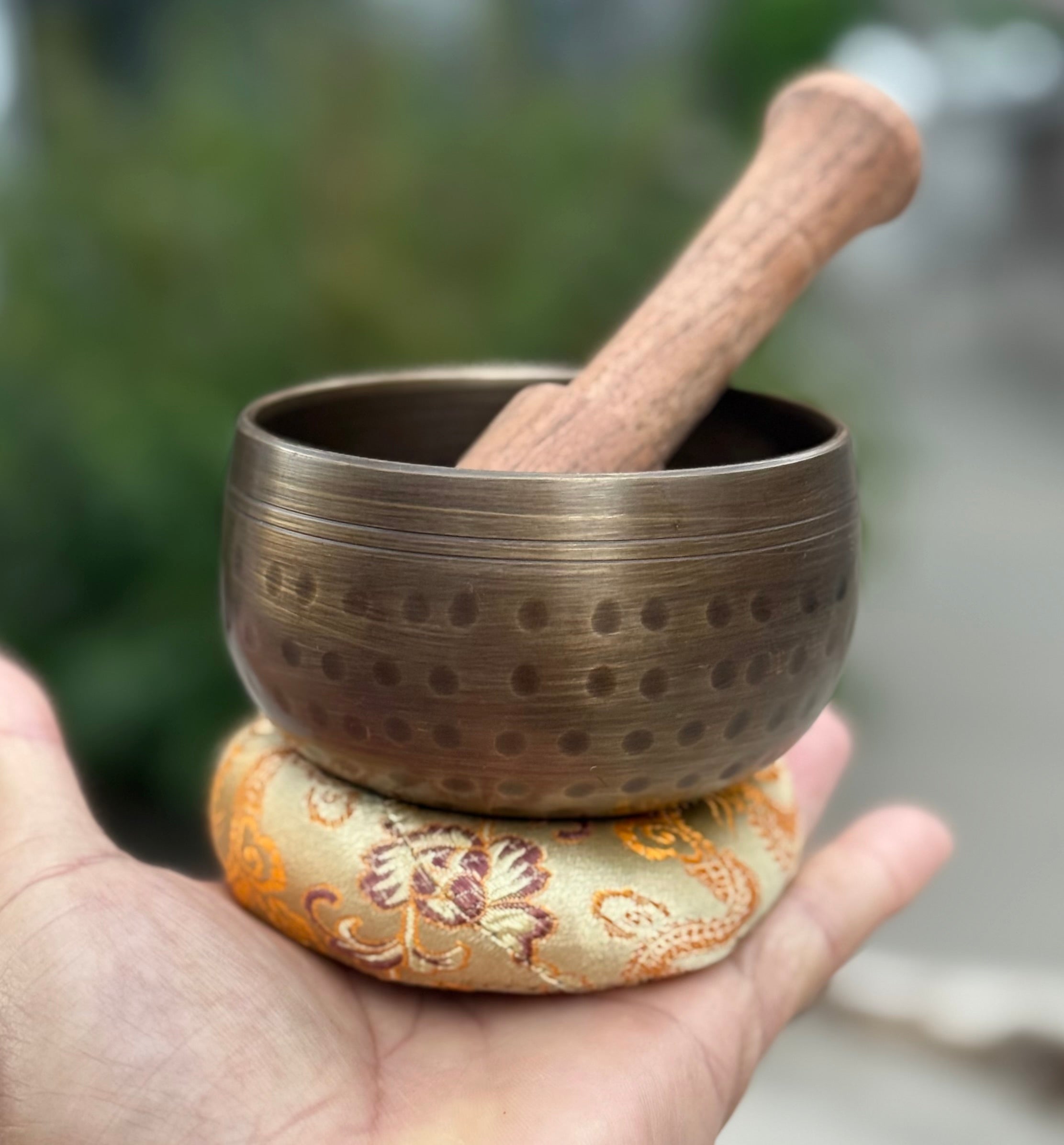 Tibetan Palm Size Singing Bowl Set 3" | Meditation Bowl with Mallet & Brocade Cushion for Mindfulness, Yoga & Chakra Healing - DharmaObjects