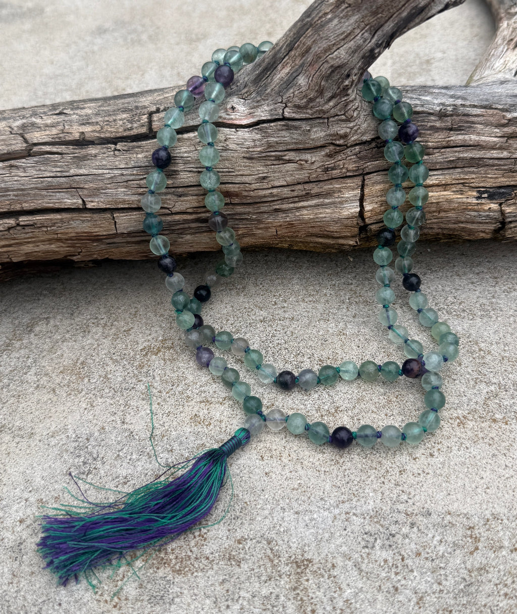 Fluorite 108 Bead Mala Necklace • Hand-Knotted Meditation Prayer Beads • Yoga Jewelry • Spiritual Healing Gemstone Necklace Gift - DharmaObjects