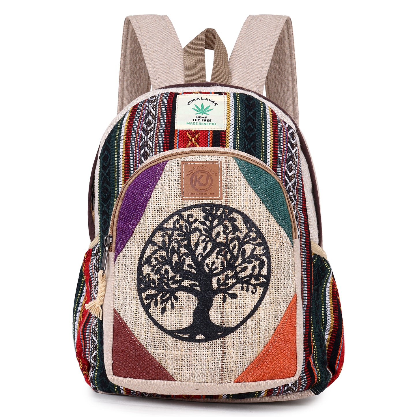 KayJayStyles Handmade Natural Hemp Nepal Backpack Purse for Women & Girls Small Lightweight Daypack ( Tree Of Life)