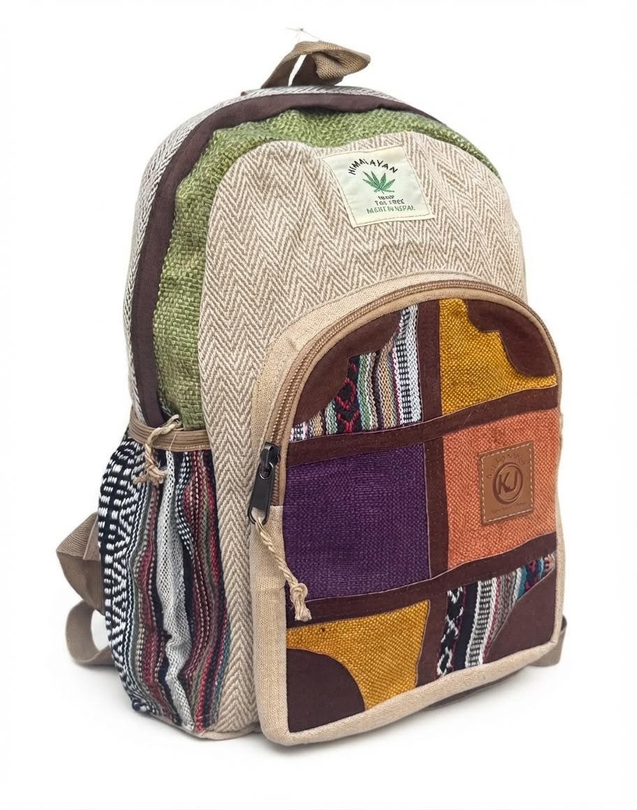 KayJayStyles Multi-Patch Handmade Hemp Backpack – Small Lightweight Nepal Daypack